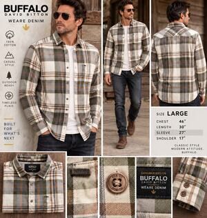 Buffalo David Bitton Men’s LG Plaid Flannel Shirt Green Brown Cotton Button Up